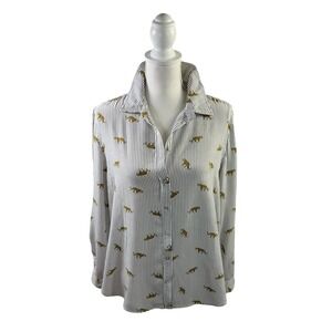 Jane & Delancey XL Cheetah Print Striped Button Front Blouse Shirt Long Sleeve